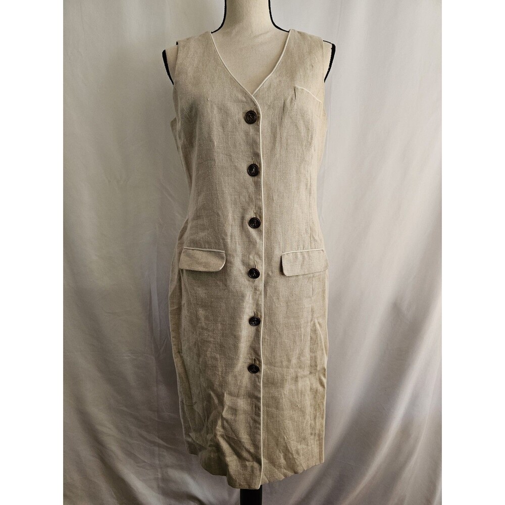 NY Sake Dress Women’s Size 6 Linen Blend Button Front Beige Sleeveless Pockets